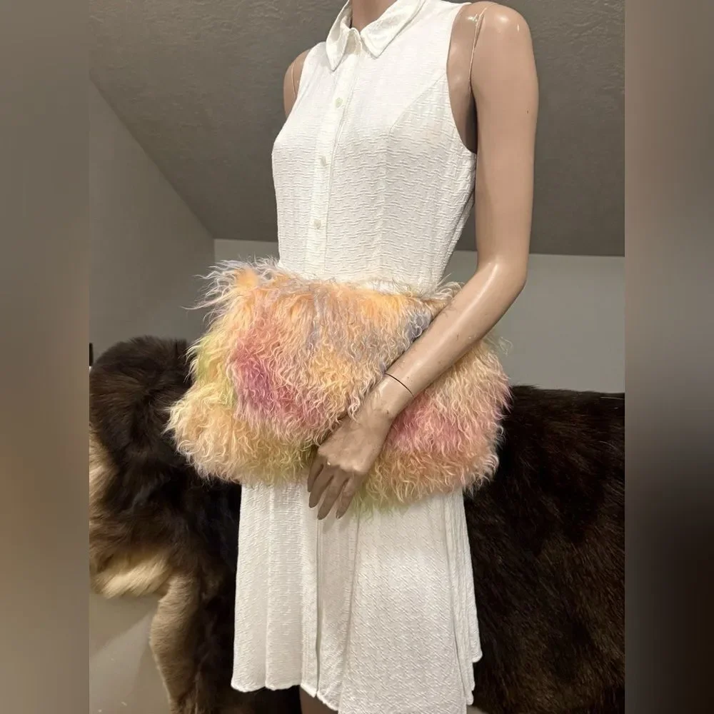 Colorful Real Mongolian Lamb Fur Handmade Boho Style, Fold Over Flap Handbag